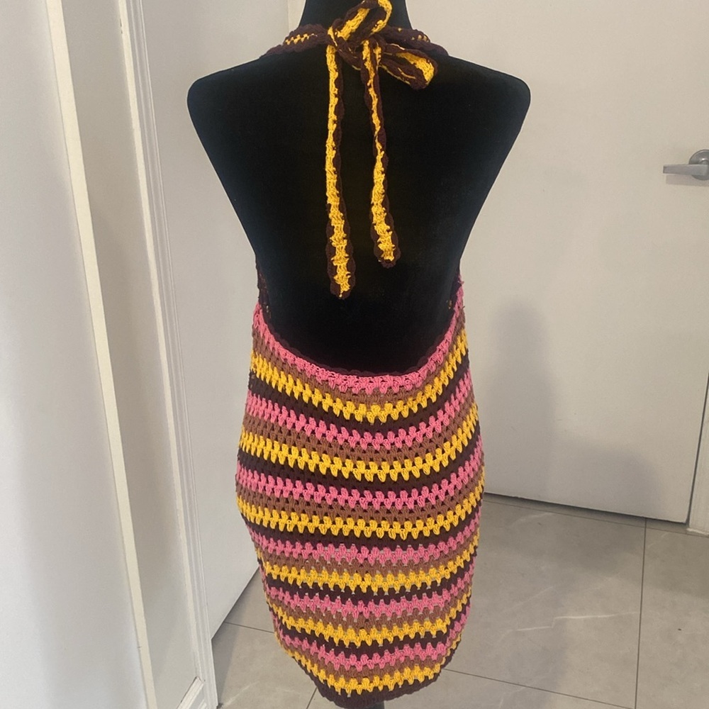 ZARA, Colourful Retro Crochet Halter Dress, with deep V-Neck Size Large - Picture 7 of 17